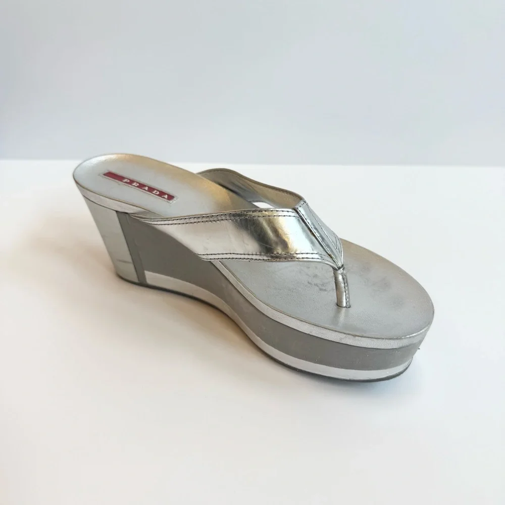 Prada Silver Wedge Sandals Size 36.5 (size 6) - Picture 2 of 10